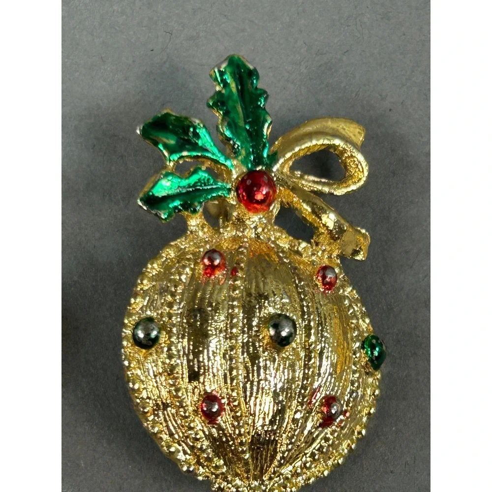Vintage Christmas Brooch Set Gold Tone Candy Cane Ornament Snowman Enamel Pins